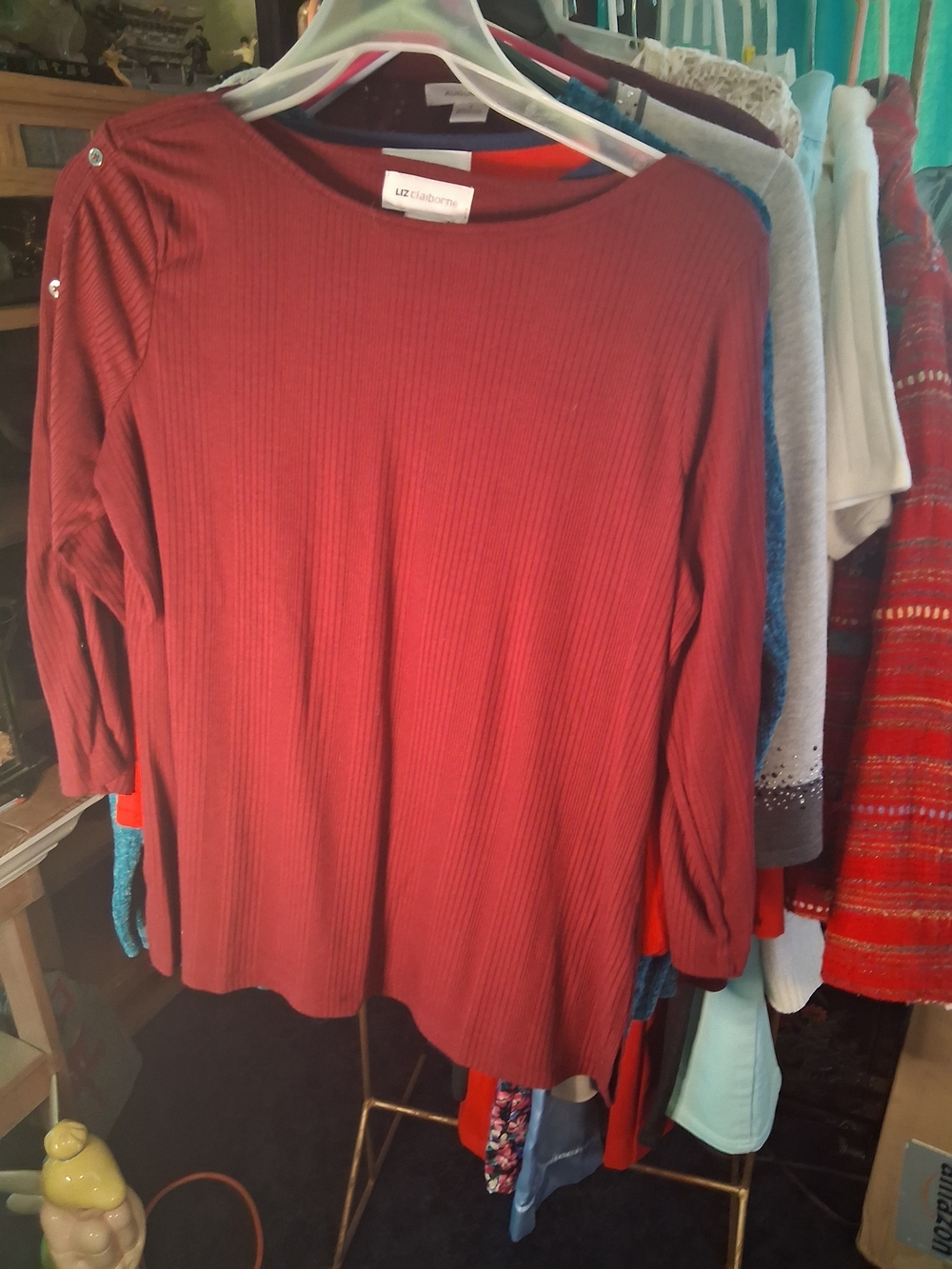 Liz Claiborne Ribbed Long Sleeve Top in Rust